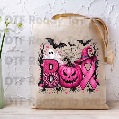 Boo Breast Cancer Awareness Pink Pumpkin Witch Hat DTF Transfer Ready to Press Spooky Heat Transfer Tee
