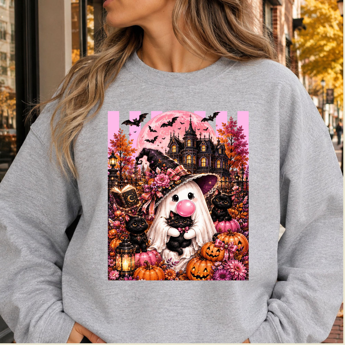 Pink Ghost Halloween T-Shirt, Witch Ghost Bubble Gum Black Cat Spooky Cute Tee for Toddler and Kids