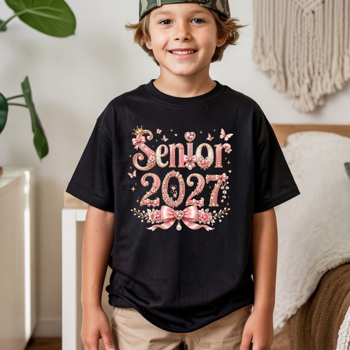 Senior 2027 DTF Transfer Ready to Press Graduation Heat Transfer for Shirts Pink Pearl Bow Coquette Flowers Butterflies Tee