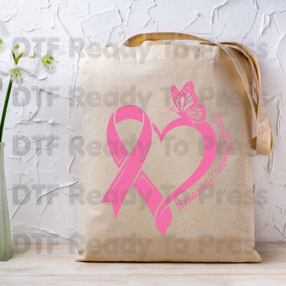 Breast Cancer Awareness Pink Heart Ribbon Butterfly DTF Transfer Ready to Press Heat Transfer Survivor Tee