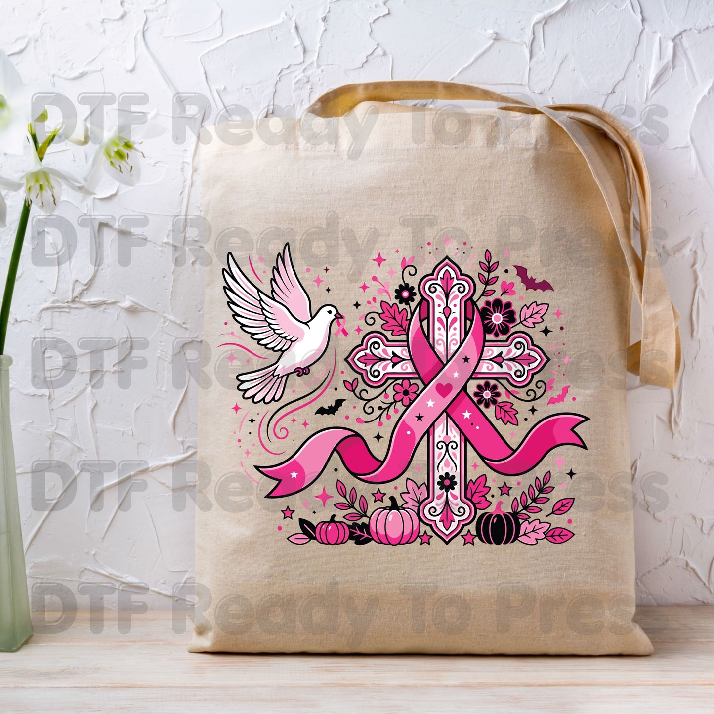 Pink Cross Dove Breast Cancer Awareness DTF Transfer Ready to Press Faith Heat Transfer Tee