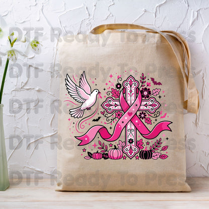 Pink Cross Dove Breast Cancer Awareness DTF Transfer Ready to Press Faith Heat Transfer Tee