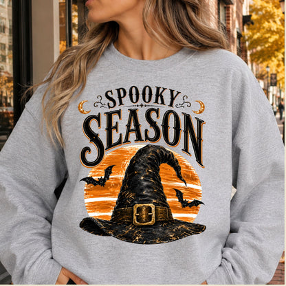 Spooky Season Vintage Witch Hat T-Shirt, Halloween Orange Moon Bats Tee for Toddler and Kids