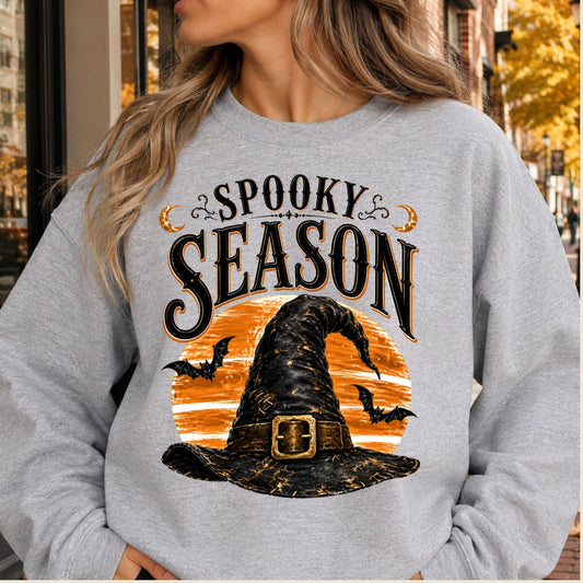 Spooky Season Vintage Witch Hat T-Shirt, Halloween Orange Moon Bats Tee for Toddler and Kids