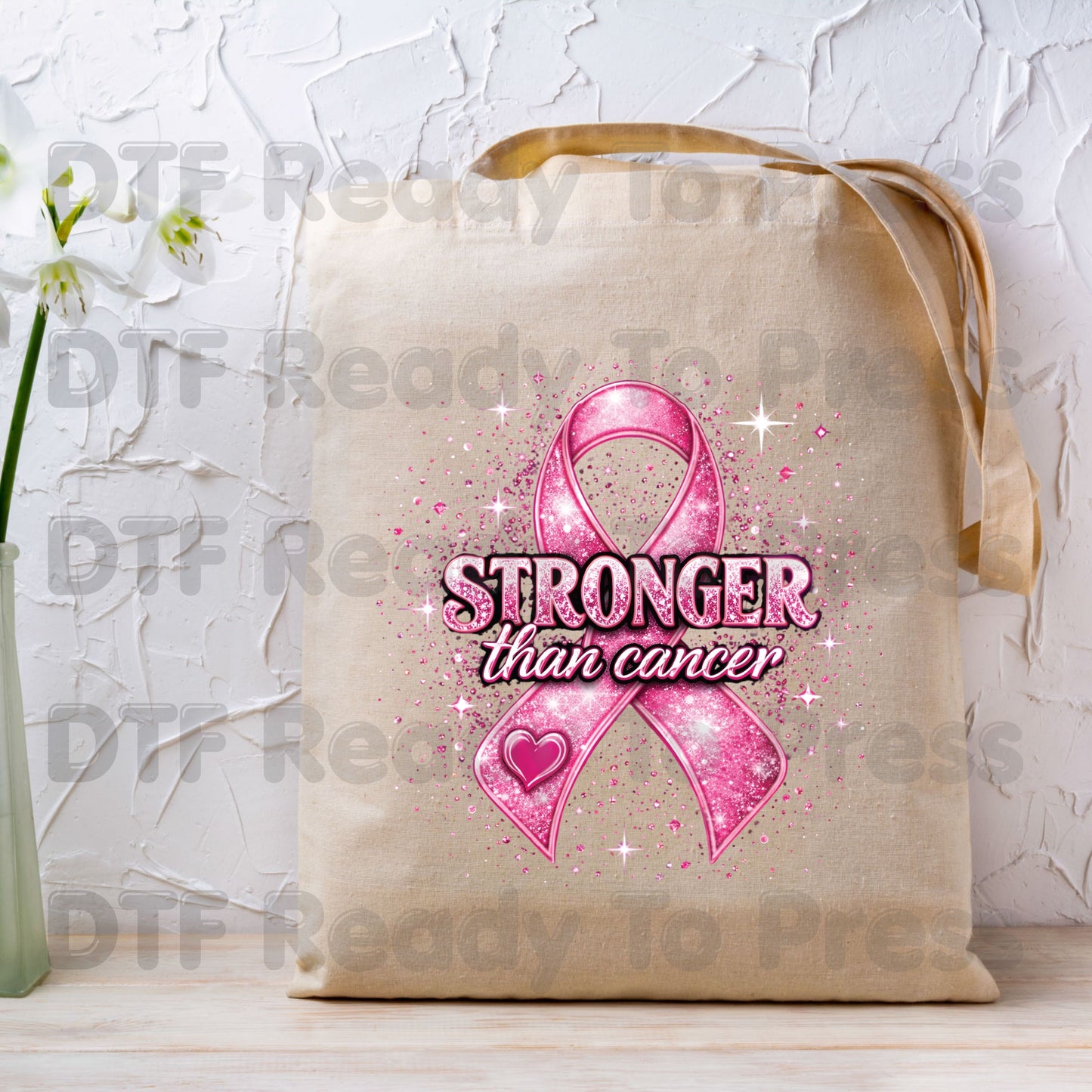 Stronger Than Cancer Pink Ribbon DTF Transfer Ready to Press Heat Transfer Glitter Sparkle Awareness Tee