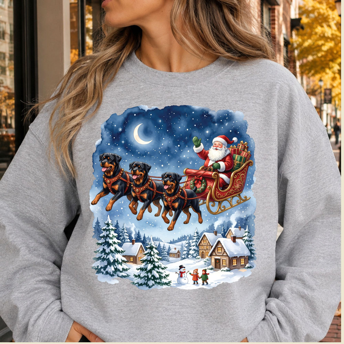 Rottweiler Christmas T-Shirt, Santa Sleigh with Flying Dogs Graphic Tee, Funny Dog Lover Holiday Shirt
