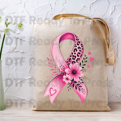 Leopard Floral Pink Ribbon Breast Cancer Awareness DTF Transfer Ready to Press Heat Transfer Tee