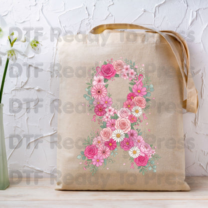 Floral Pink Ribbon Breast Cancer Awareness DTF Transfer Ready to Press Heat Transfer Survivor Tee