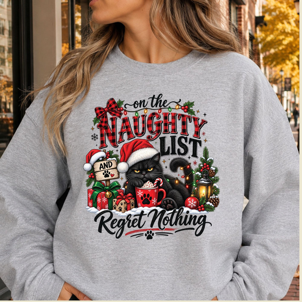Naughty List Cat T-Shirt, Funny Christmas Black Cat Santa Hat Tee, Holiday Sweatshirt