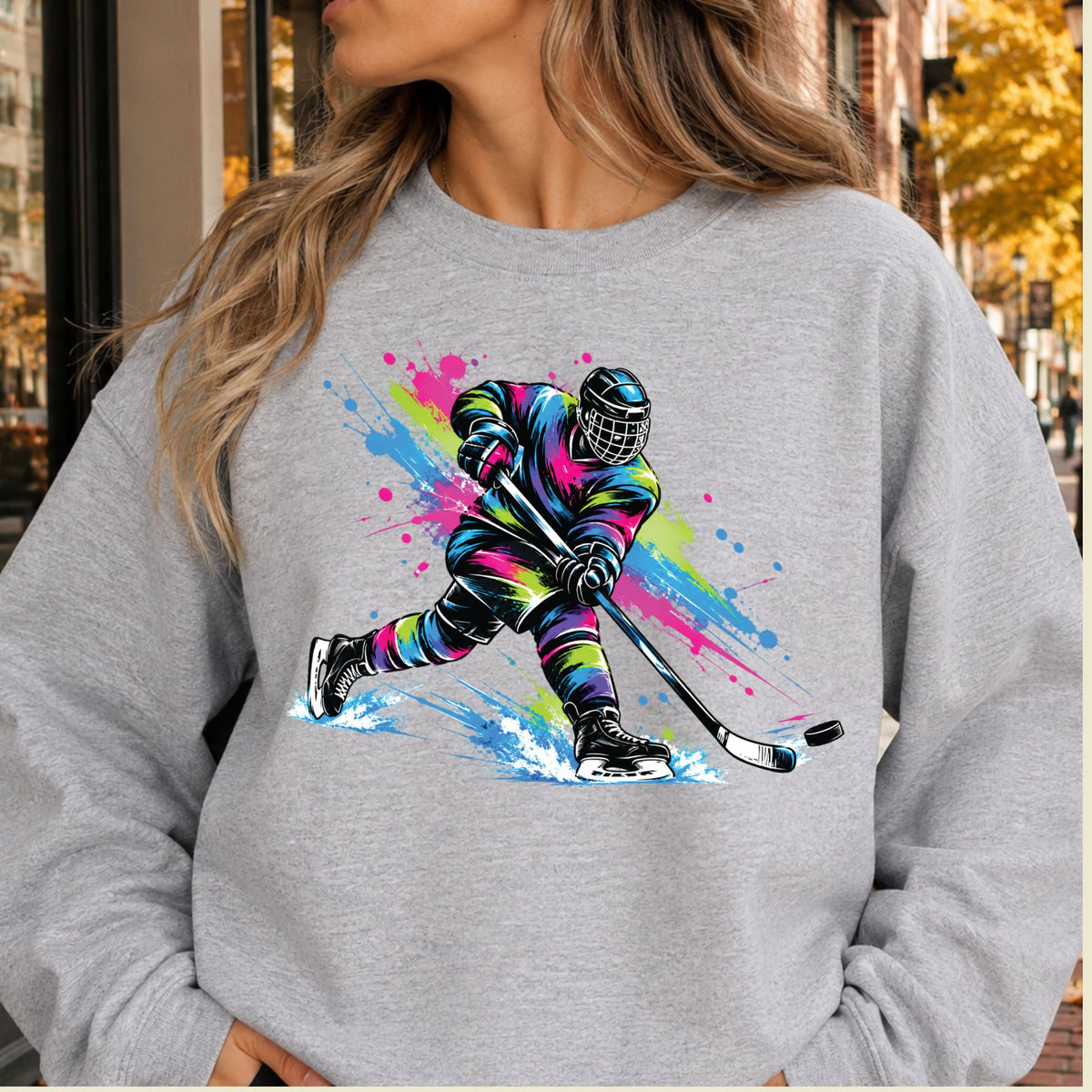 Hockey T-Shirt, Colorful Ice Hockey Player with Paint Splatter Graphic Tee, Ice Hockey Sports Shirt