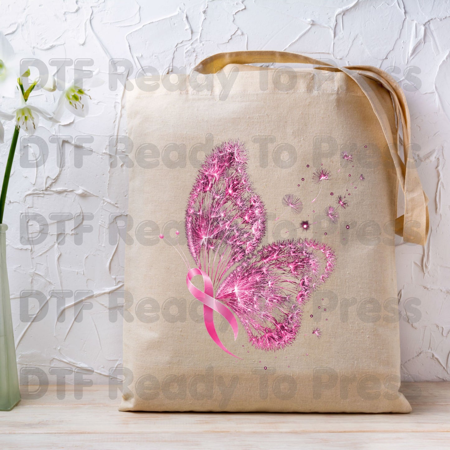 Pink Butterfly Ribbon Breast Cancer Awareness DTF Transfer Ready to Press Heat Transfer Dandelion Floral Tee