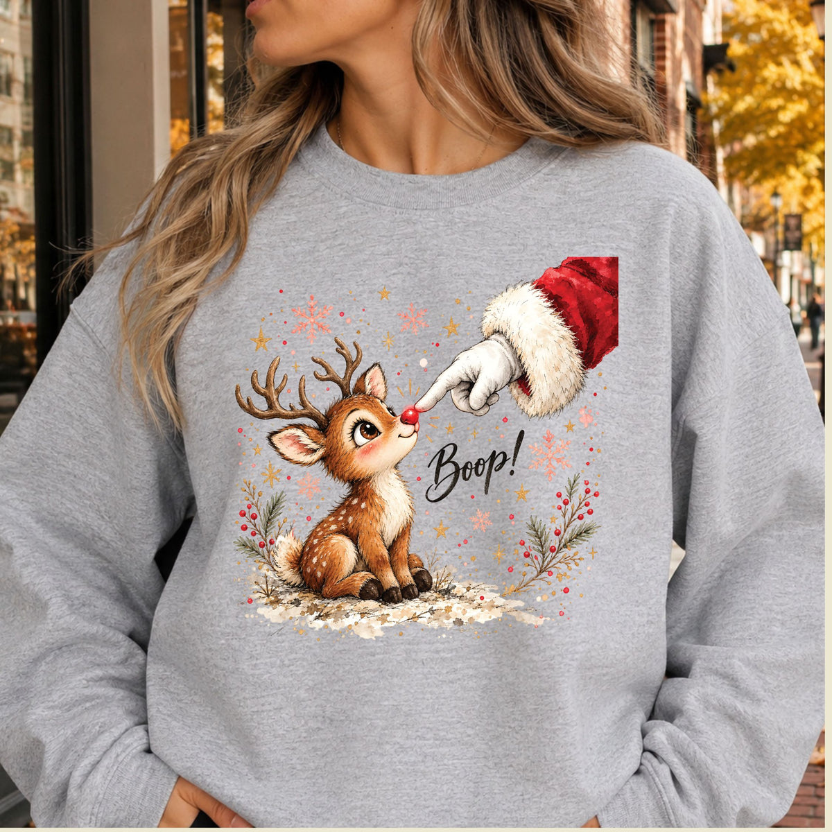 Boop Cute Reindeer T-Shirt, Santa Red Nose Christmas Tee, Festive Holiday Sweatshirt