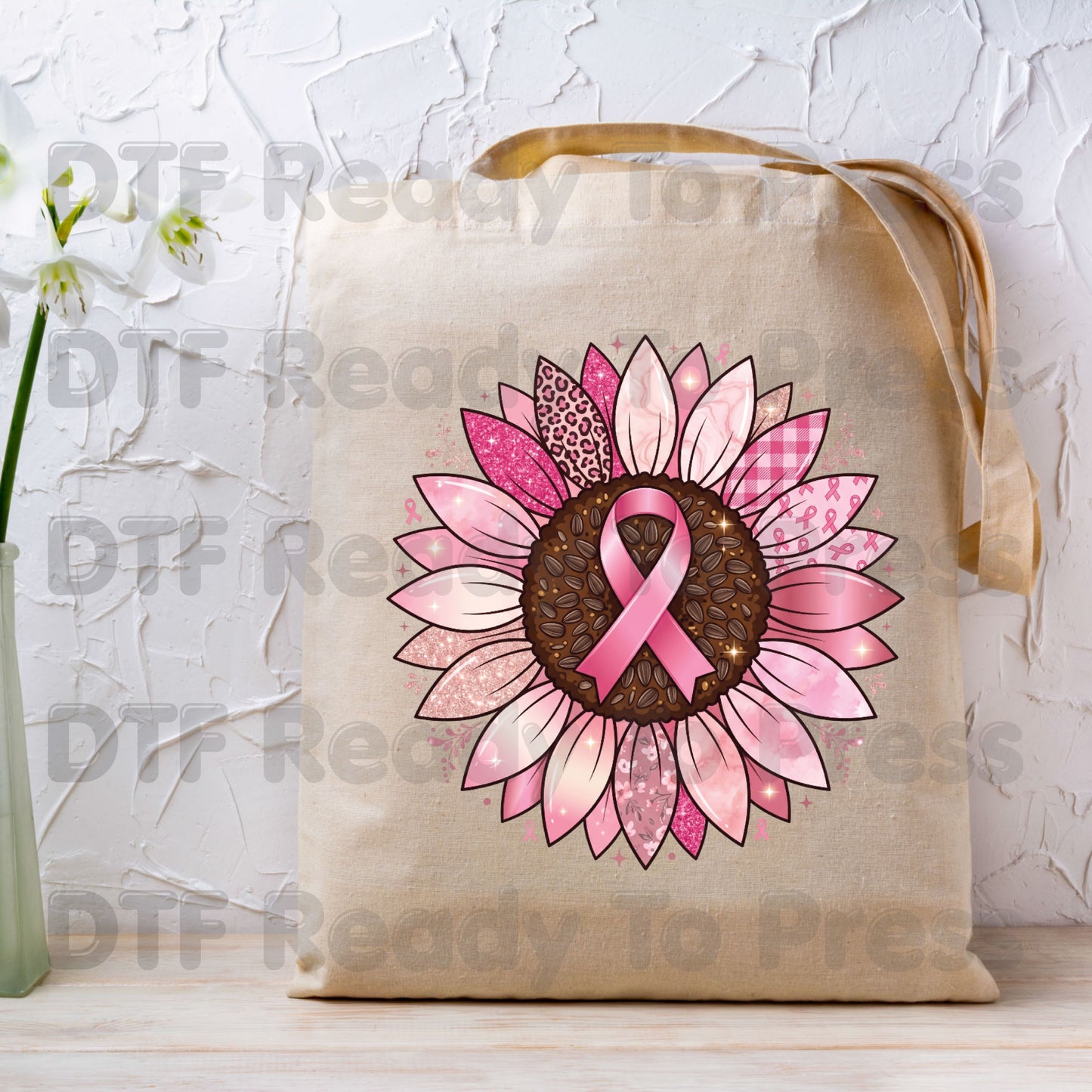Pink Sunflower Breast Cancer Awareness DTF Transfer Ready to Press Heat Transfer Ribbon Tee