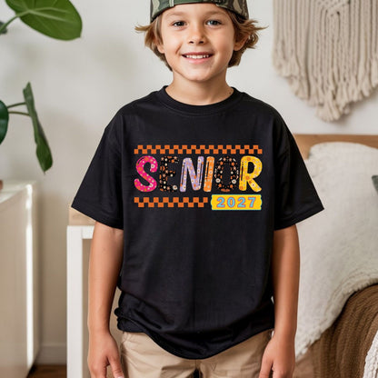 Senior 2027 DTF Transfer Ready to Press Graduation Heat Transfer for Shirts Groovy Retro Daisy Flowers Orange Checkerboard Tee