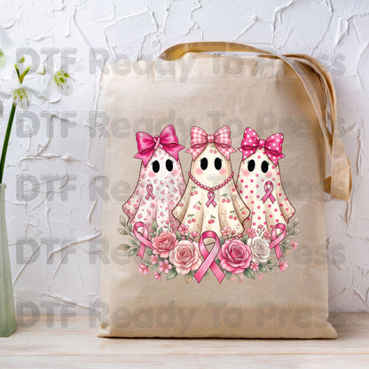 Pink Ghost Boo Crew Breast Cancer Awareness DTF Transfer Ready to Press Heat Transfer Floral Ribbon Tee