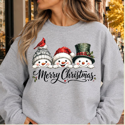 Merry Christmas T-Shirt, Snowmen and Red Cardinals Tee, Winter Holiday Sweatshirt