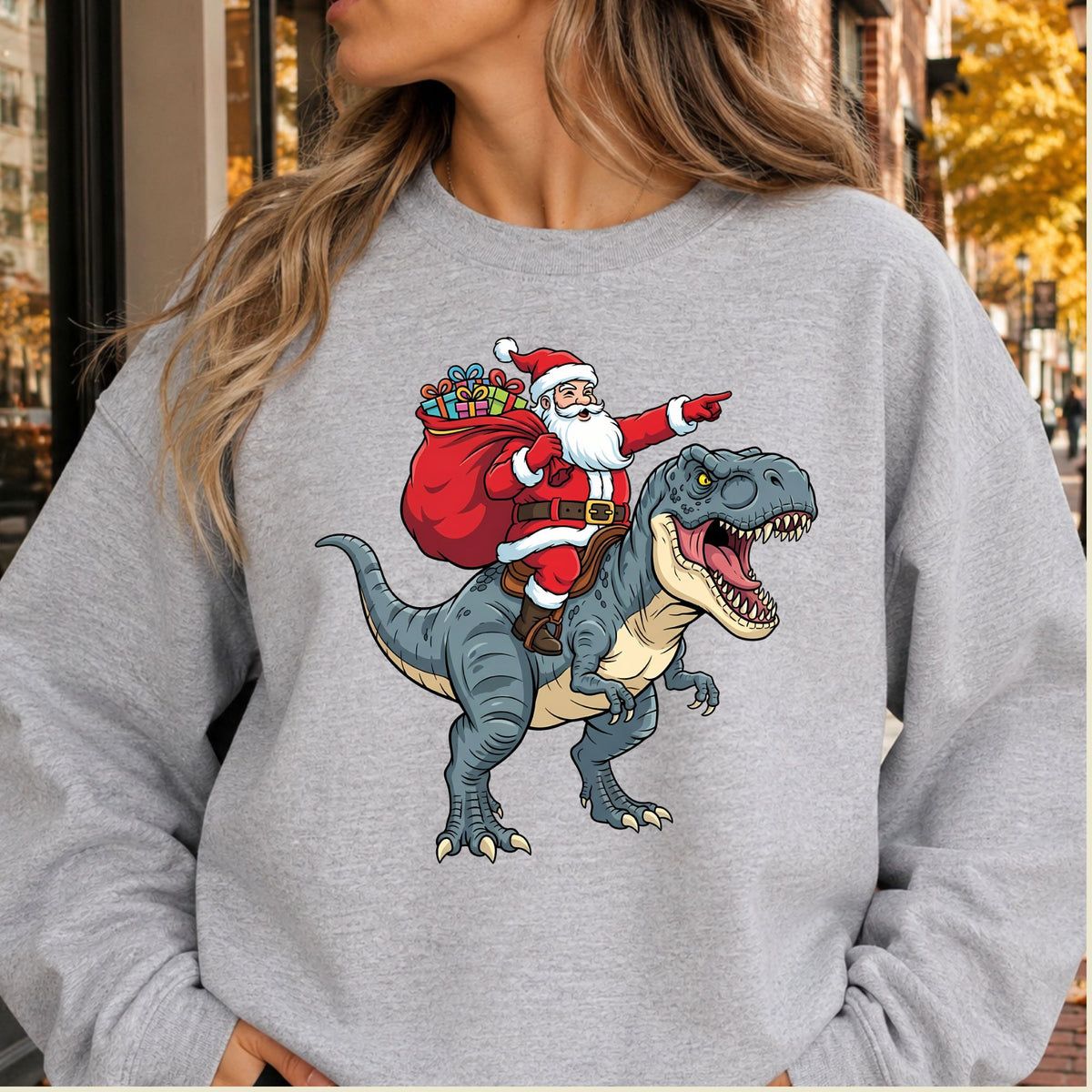 Santa Riding T-Rex Christmas T-Shirt, Funny Dinosaur Xmas Graphic Kids Tee