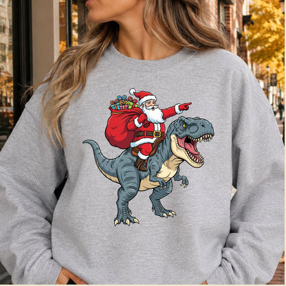 Santa Riding T-Rex Christmas T-Shirt, Funny Dinosaur Xmas Graphic Kids Tee