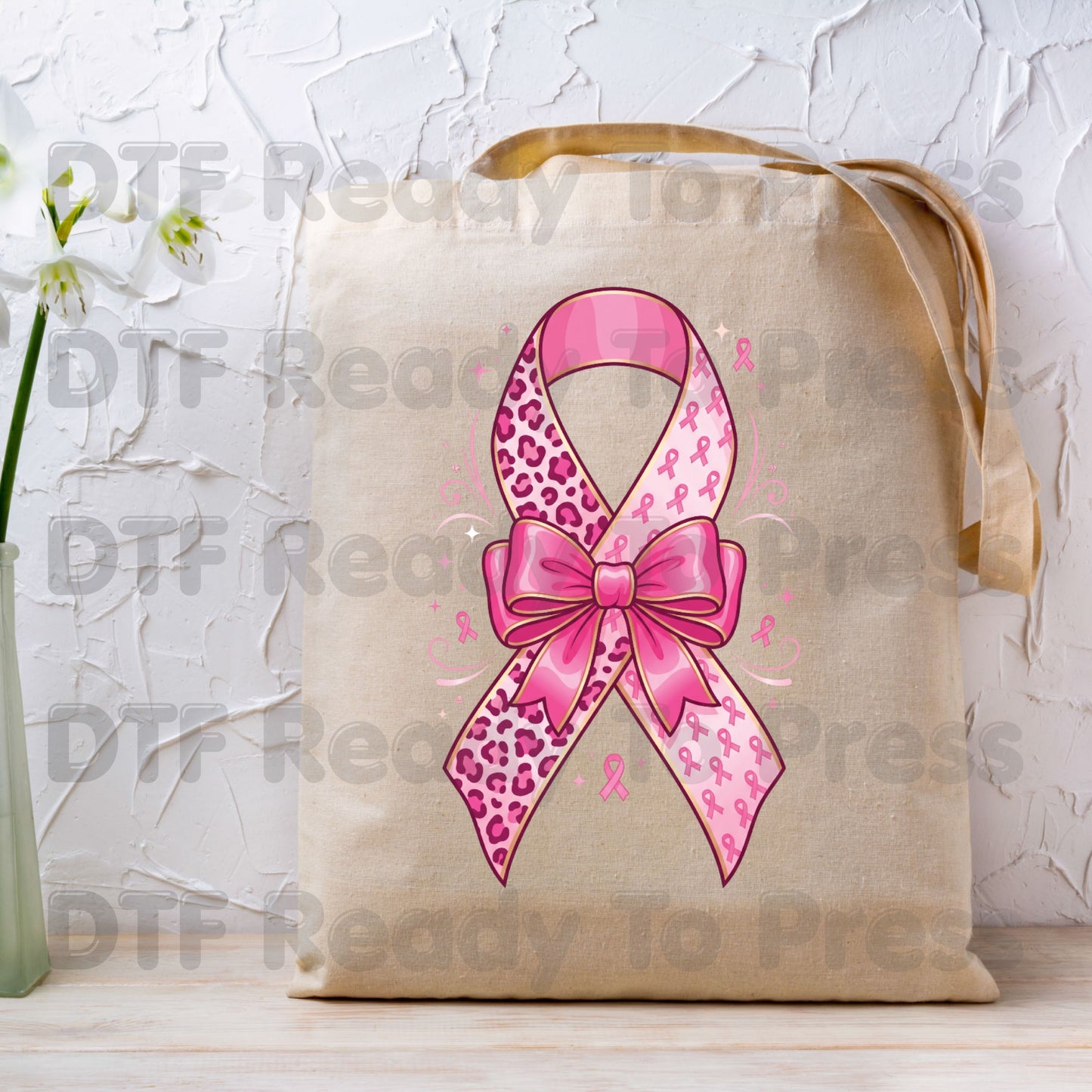 Leopard Pink Ribbon Bow Breast Cancer Awareness DTF Transfer Ready to Press Heat Transfer Tee