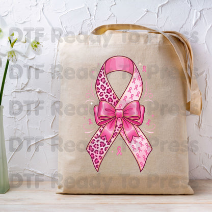 Leopard Pink Ribbon Bow Breast Cancer Awareness DTF Transfer Ready to Press Heat Transfer Tee