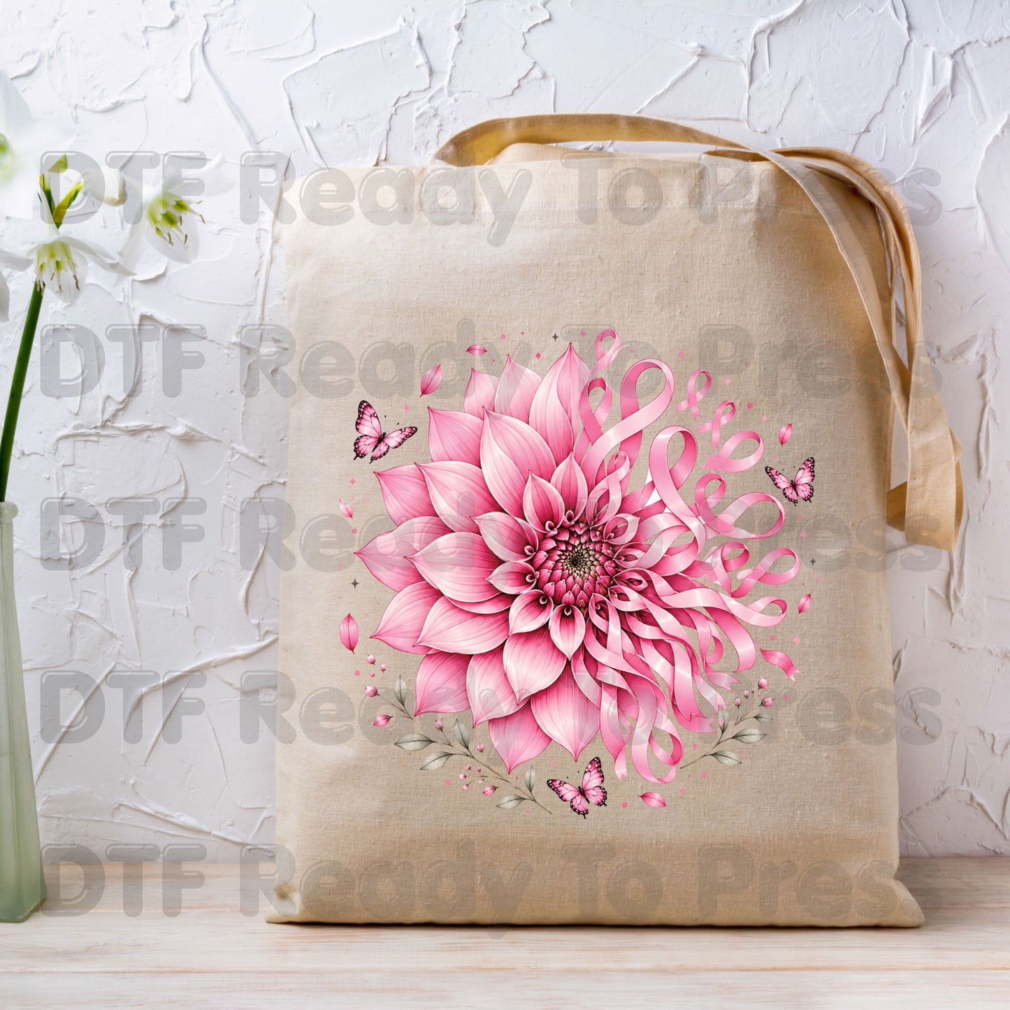 Pink Dahlia Butterfly Ribbon Breast Cancer Awareness DTF Transfer Ready to Press Heat Transfer Tee