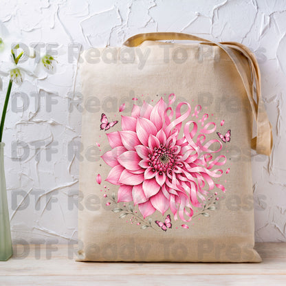Pink Dahlia Butterfly Ribbon Breast Cancer Awareness DTF Transfer Ready to Press Heat Transfer Tee
