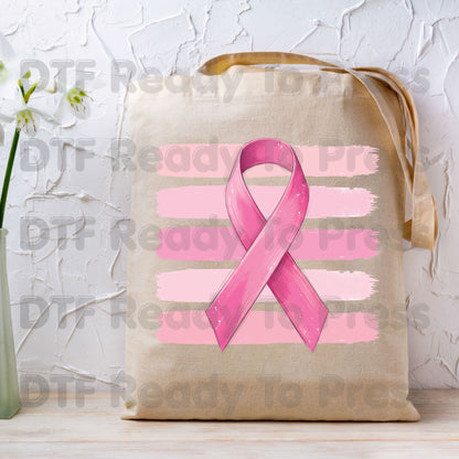 Pink Ribbon DTF Transfer Breast Cancer Awareness Brush Strokes Heat Transfer Ready to Press Tee Print Direct to Film