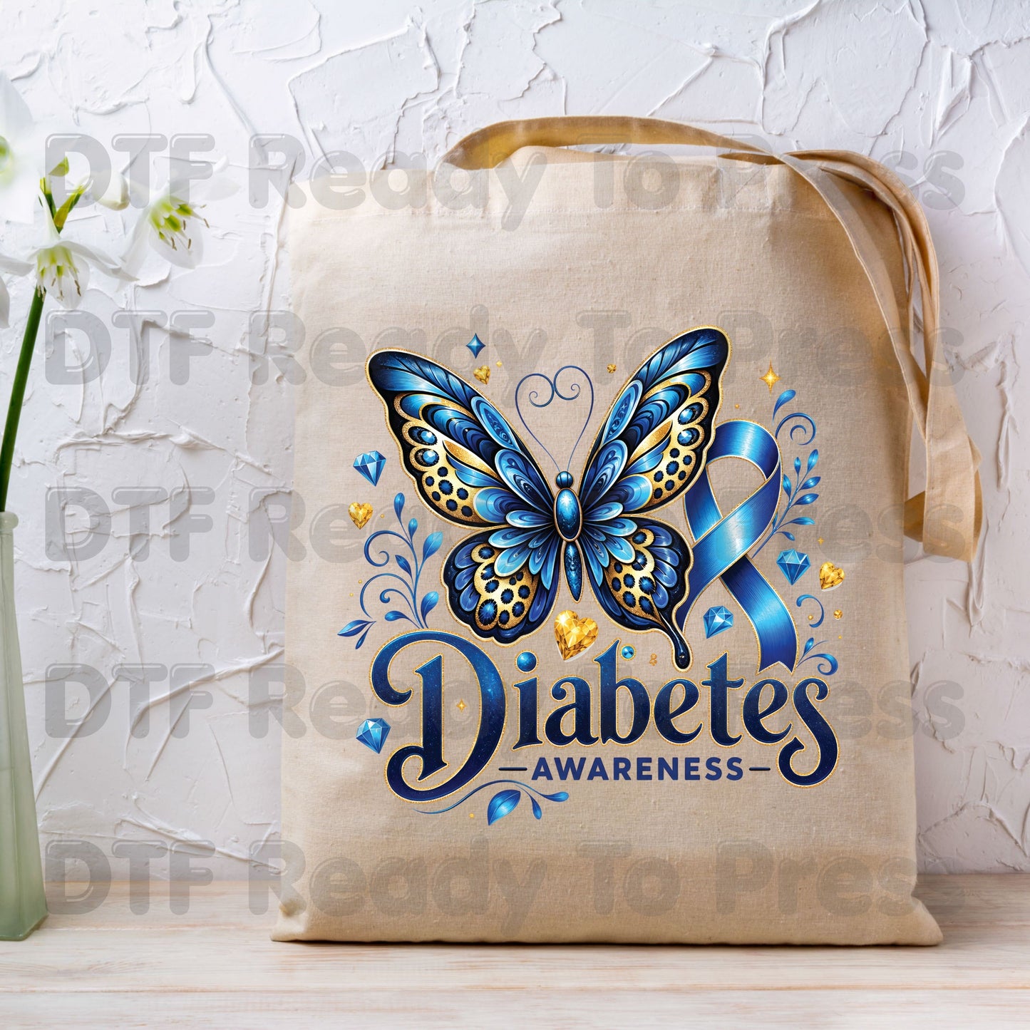 Diabetes Awareness DTF Transfer Ready to Press Blue Butterfly Ribbon Gold Gems Heat Transfer Tee Print Direct to Film Transfer
