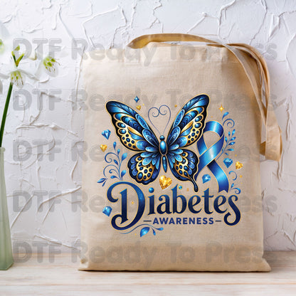 Diabetes Awareness DTF Transfer Ready to Press Blue Butterfly Ribbon Gold Gems Heat Transfer Tee Print Direct to Film Transfer