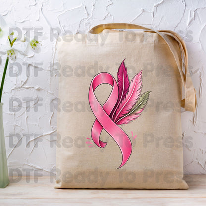 Pink Ribbon Feathers Breast Cancer Awareness DTF Transfer Ready to Press Heat Transfer Survivor Support Tee