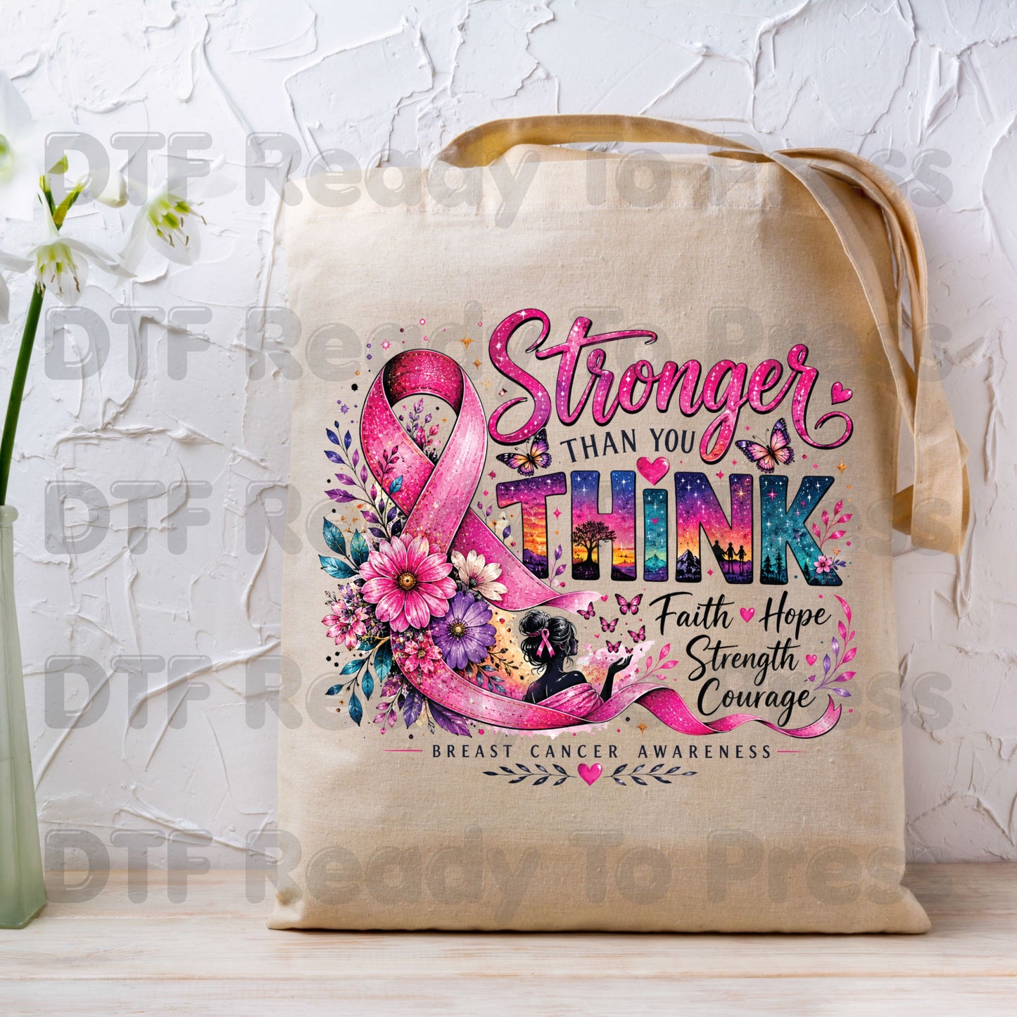 Stronger Than You Think Breast Cancer Awareness DTF Transfer Ready to Press Heat Transfer Ribbon Floral Tee