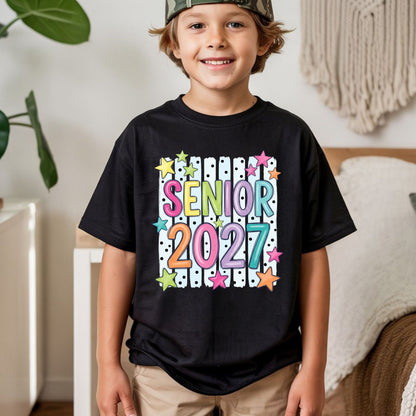 Senior 2027 DTF Transfer Ready to Press Graduation Heat Transfer for Shirts Colorful Pastels Bubble Letters Stars Stripes Tee