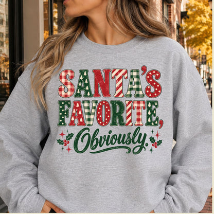 Santa’s Favorite T-Shirt, Funny Christmas Plaid Lettering and Holly Graphic Tee, Holiday Shirt