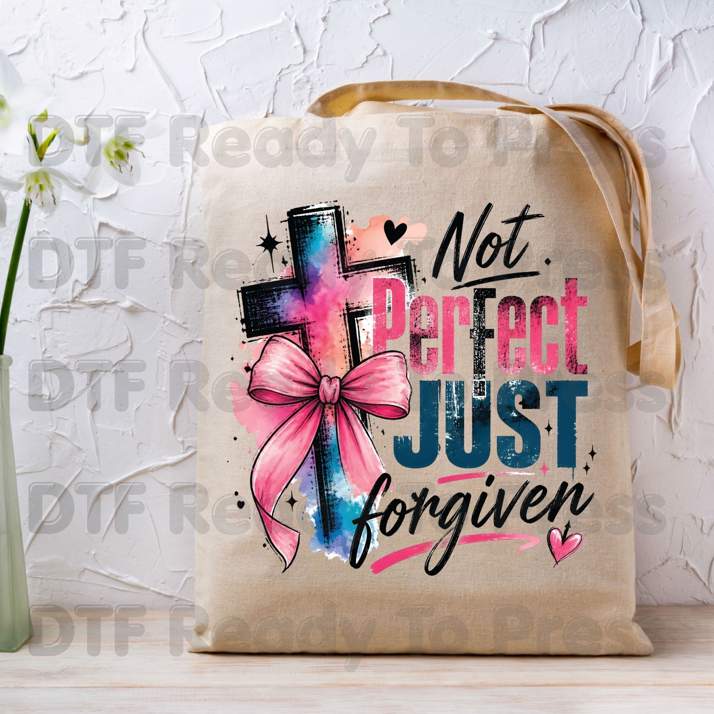 Christian DTF Transfer Not Perfect Just Forgiven Religious Transfer Ready to Press Heat Transfer for Shirts Watercolor Cross Pink Bow Tee