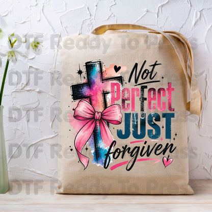 Christian DTF Transfer Not Perfect Just Forgiven Religious Transfer Ready to Press Heat Transfer for Shirts Watercolor Cross Pink Bow Tee