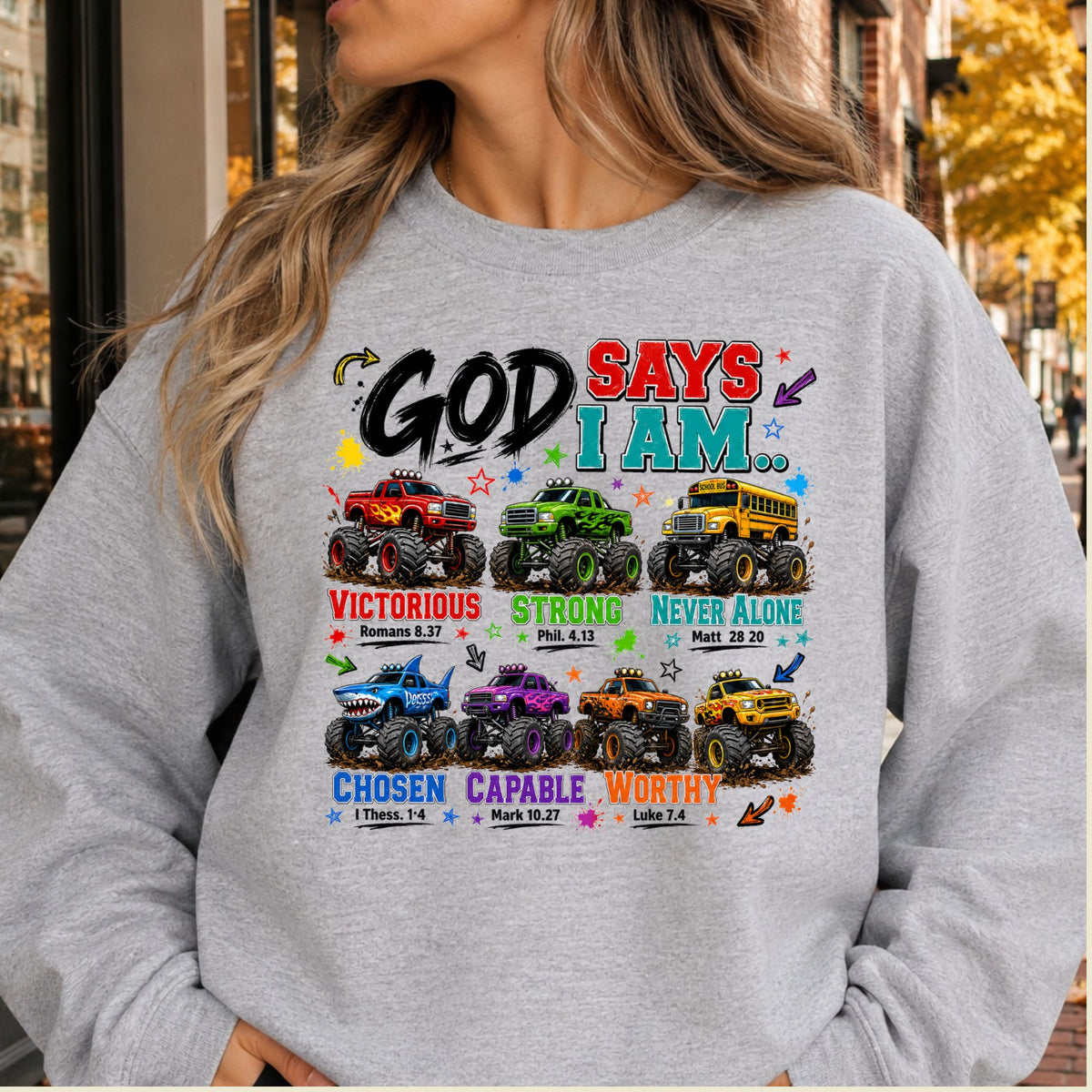 God Says I Am Monster Trucks Christian T-Shirt, Bible Verse Kids Religious Graphic Tee