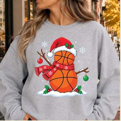 Christmas Basketball Snowman T-Shirt, Santa Hat and Scarf Holiday Sports Graphic Tee
