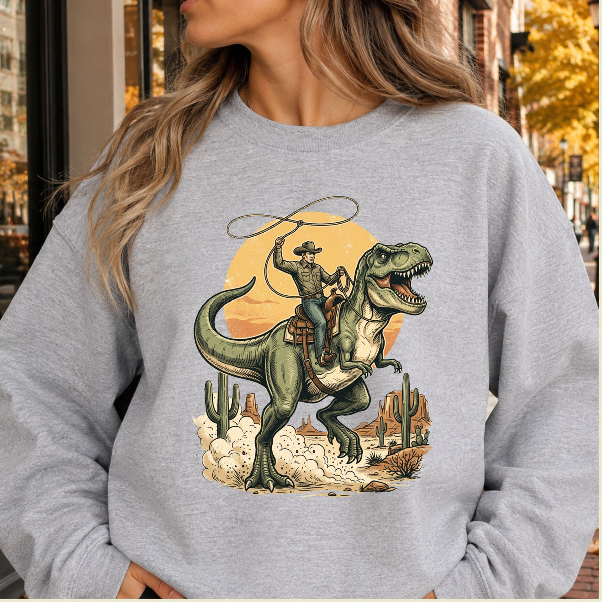 Cowboy Riding T-Rex Western T-Shirt, Rodeo Dinosaur Desert Cactus Tee for Toddler and Kids