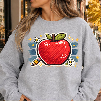 Teacher Retro Red Apple Pencil T-Shirt, Cute Daisy Sparkle Back to School Tee