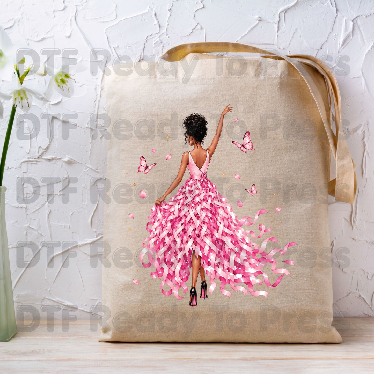 Black Woman Pink Ribbon Dress Breast Cancer Awareness DTF Transfer Ready to Press Heat Transfer Survivor Tee