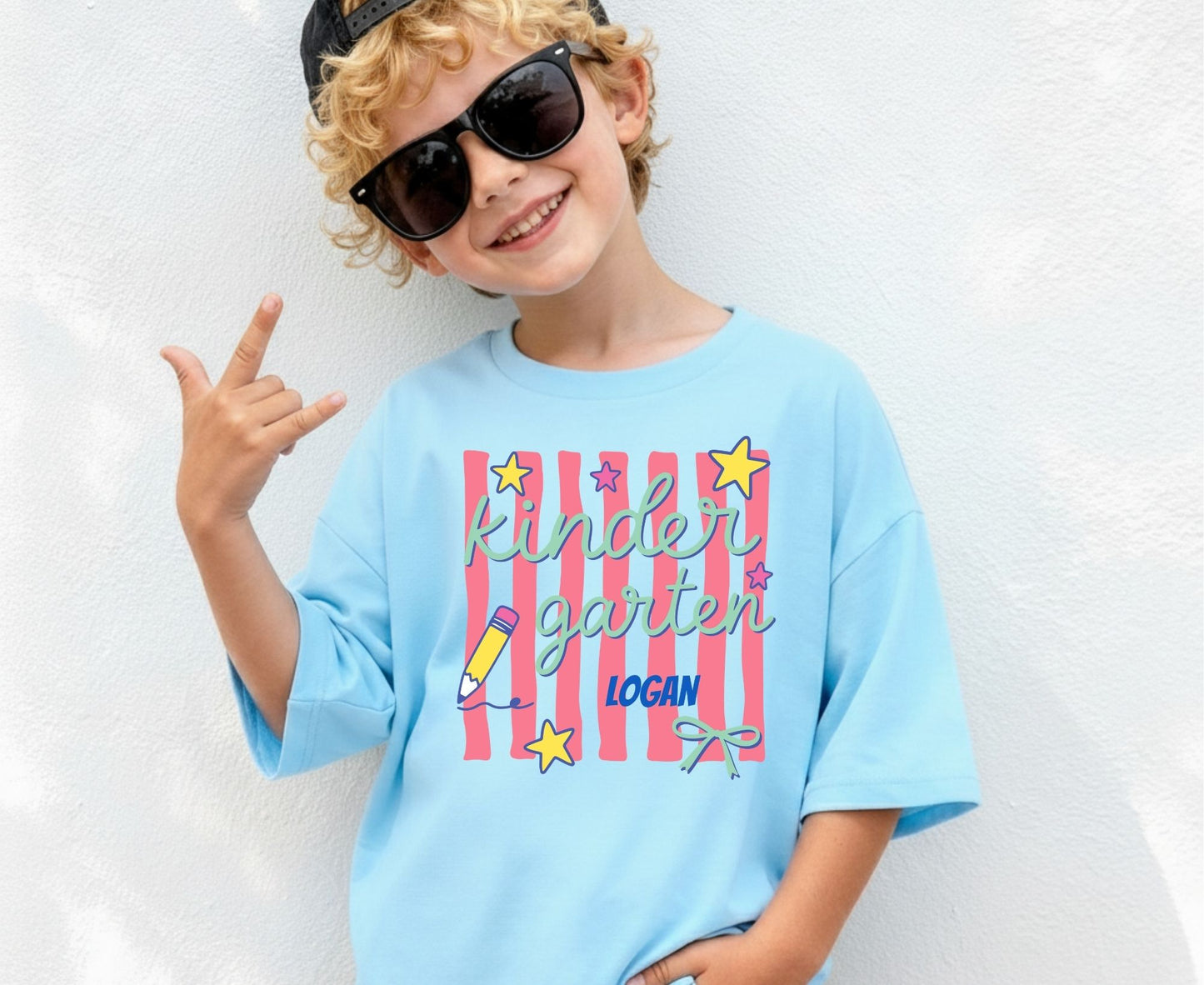 Comfort Colors® Custom Kindergarten Teacher Shirt Retro Stripe Kindergarten Team Tees Personalized Name T Shirt For Men Women Kids Elementary