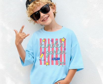 Comfort Colors® Custom Kindergarten Teacher Shirt Retro Stripe Kindergarten Team Tees Personalized Name T Shirt For Men Women Kids Elementary