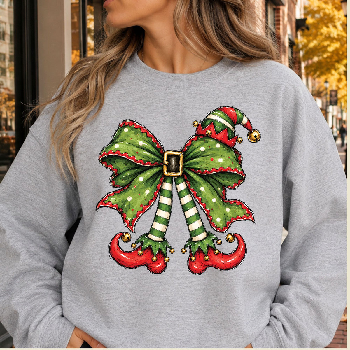 Christmas Elf T-Shirt, Green Bow Striped Legs Tee, Cute Holiday Sweatshirt