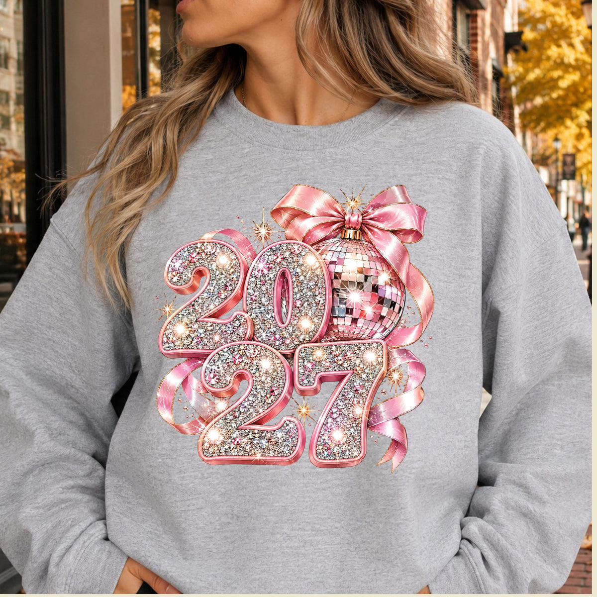 New Year 2027 T-Shirt, Pink Glitter Disco Ball Bow Tee, Sparkly Party Sweatshirt