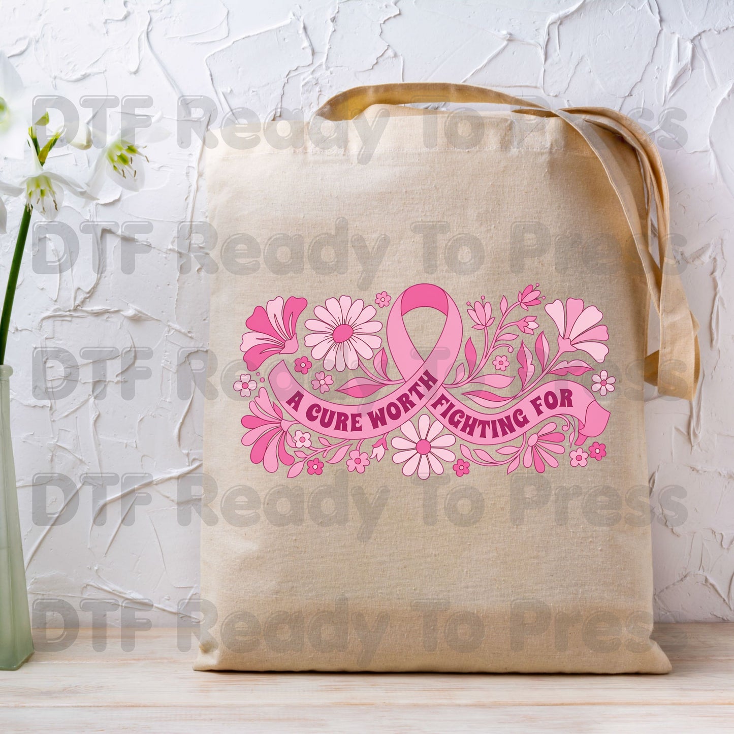 A Cure Worth Fighting For Breast Cancer Awareness DTF Transfer Ready to Press Heat Transfer Pink Floral Tee