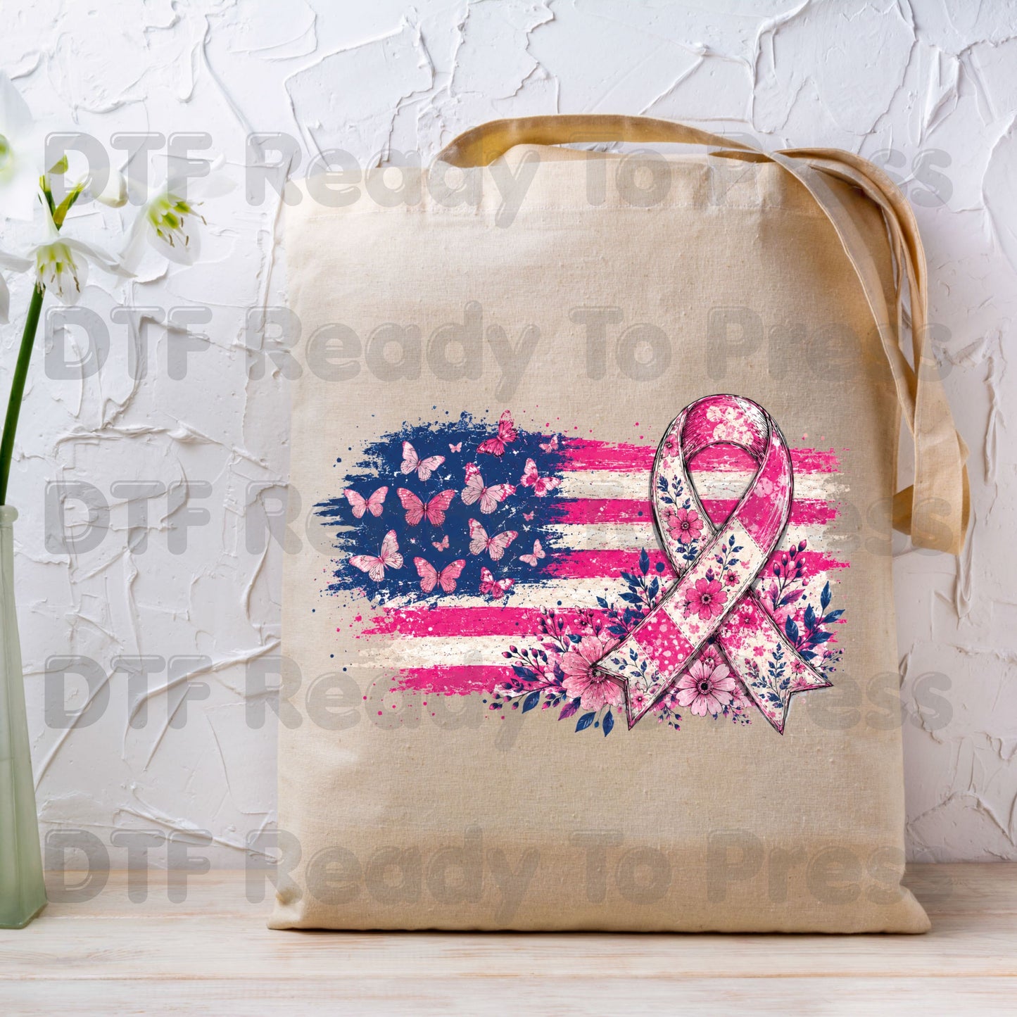 American Flag Pink Ribbon Butterfly Breast Cancer Awareness DTF Transfer Ready to Press Heat Transfer Tee