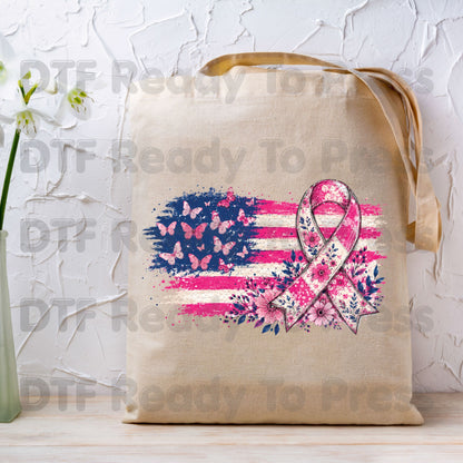 American Flag Pink Ribbon Butterfly Breast Cancer Awareness DTF Transfer Ready to Press Heat Transfer Tee