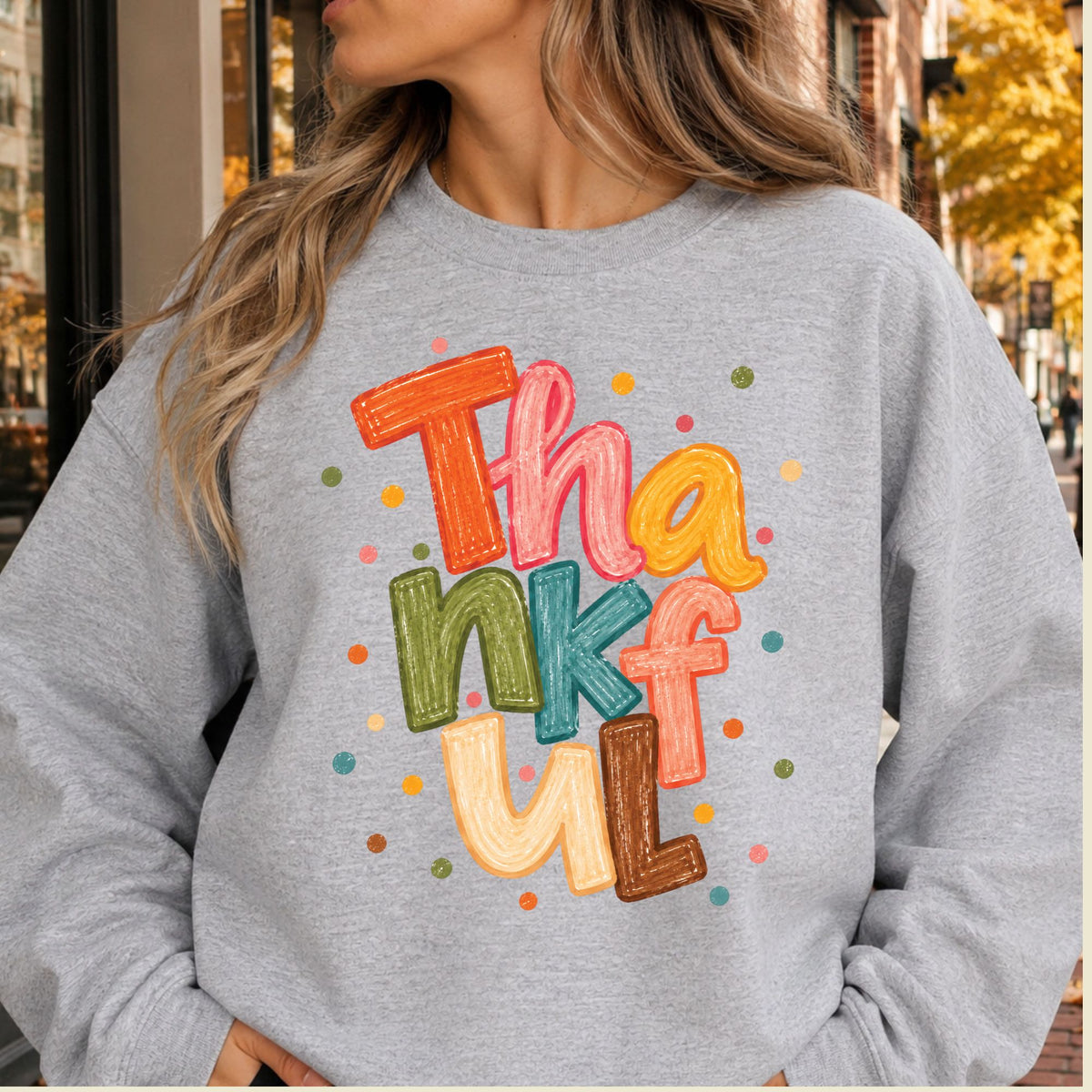 Thankful T-Shirt, Colorful Crayon Lettering Thanksgiving Tee, Fall Holiday Sweatshirt
