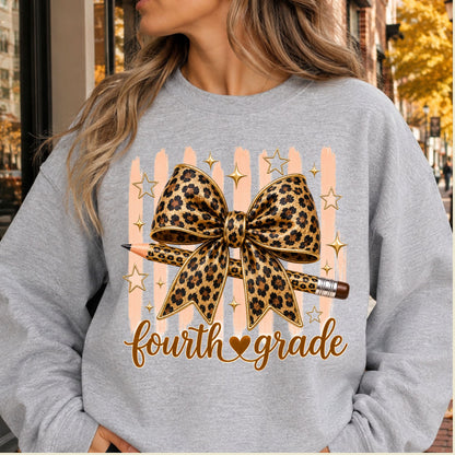 Fourth Grade Leopard Bow Pencil T-Shirt, Cute Back to School Tee for Toddler and Kids