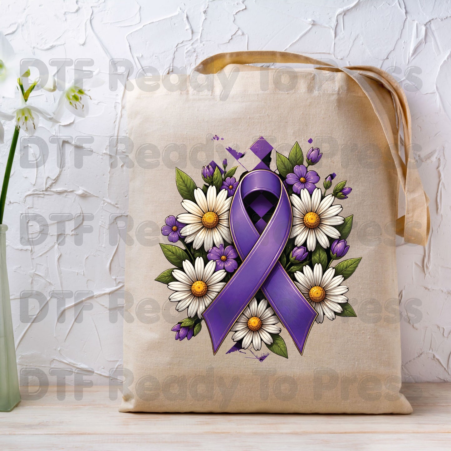 Purple Ribbon DTF Transfer Ready to Press Daisies Flowers Awareness Heat Transfer Tee Print Direct to Film Transfer
